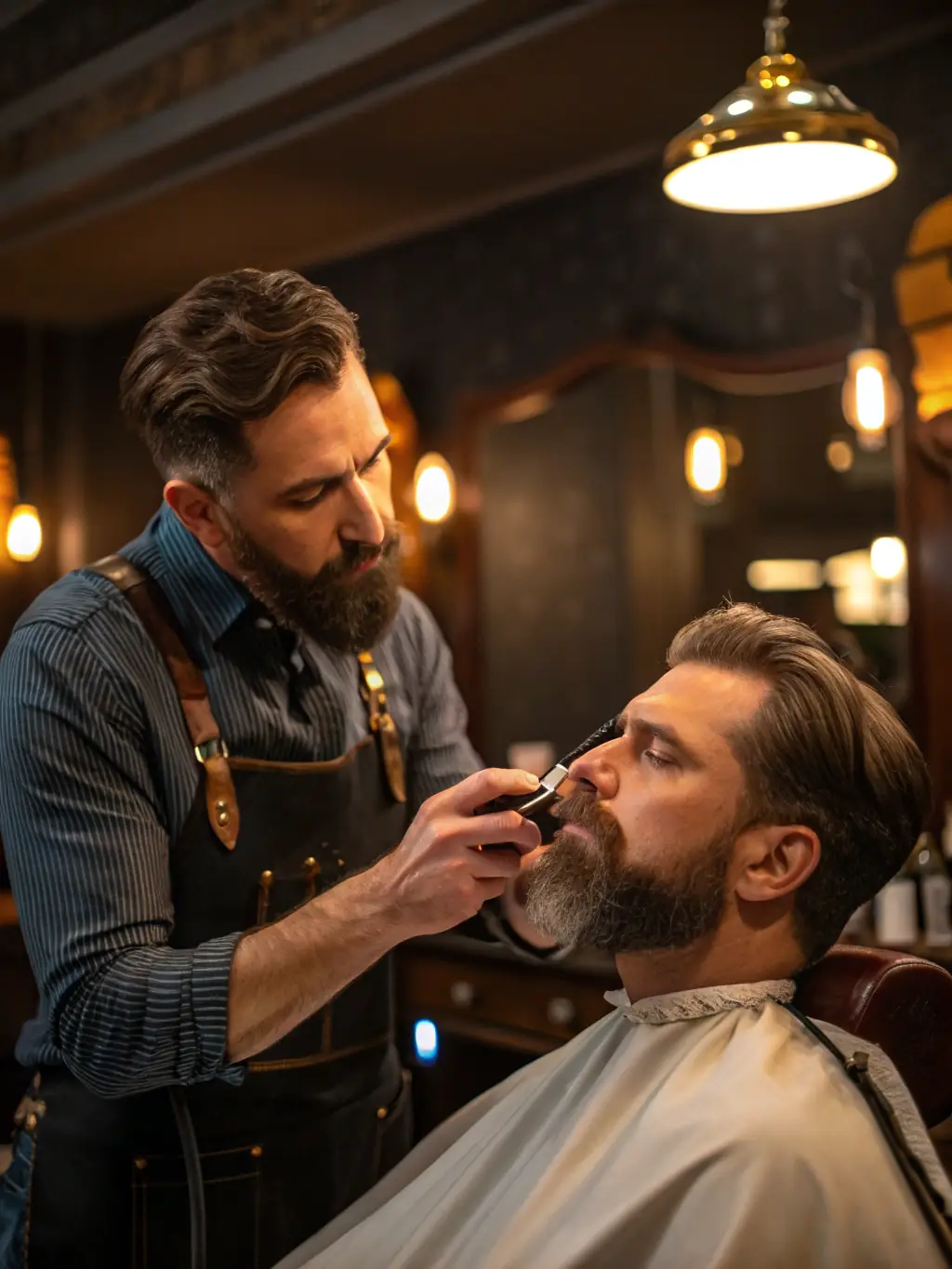 A barber shaping a client's beard with precision, showcasing the attention to detail and expertise involved in beard grooming at L's BARBERSHOP.