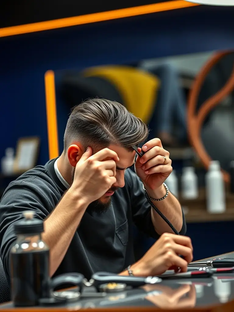 A barber skillfully cutting a client's hair in a stylish barbershop setting, focusing on the precision and care taken during a luxury haircut service at L's BARBERSHOP.