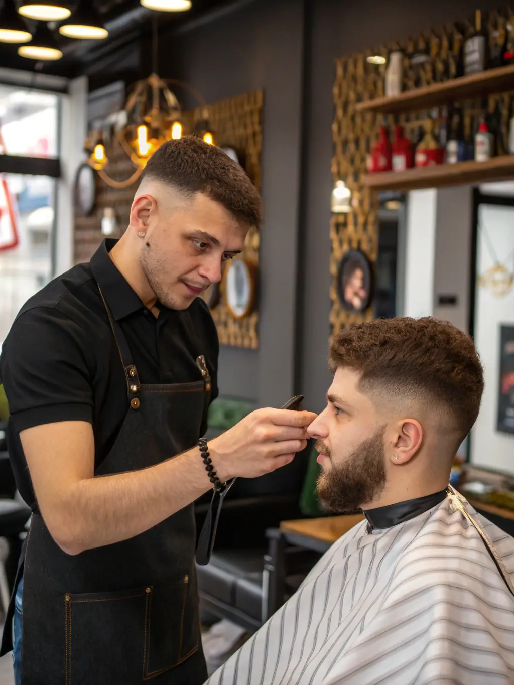 A barber providing a detailed consultation to a client, discussing their desired hairstyle and grooming preferences at L's BARBERSHOP.