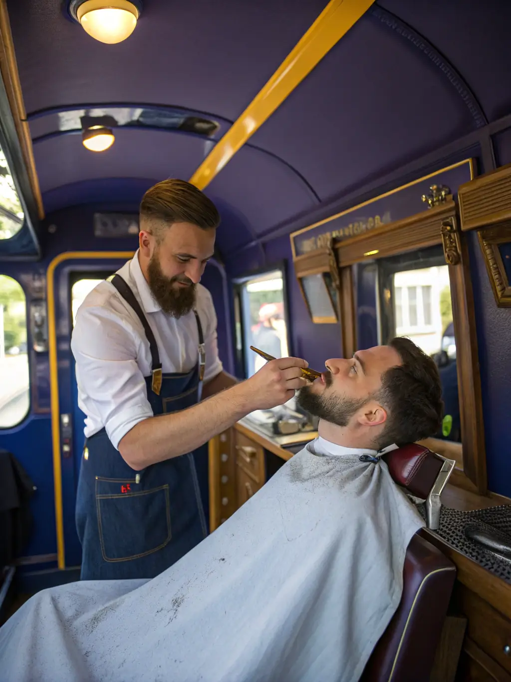 A barber performing a traditional straight razor shave on a client, highlighting the classic shave experience and relaxation provided at L's BARBERSHOP.