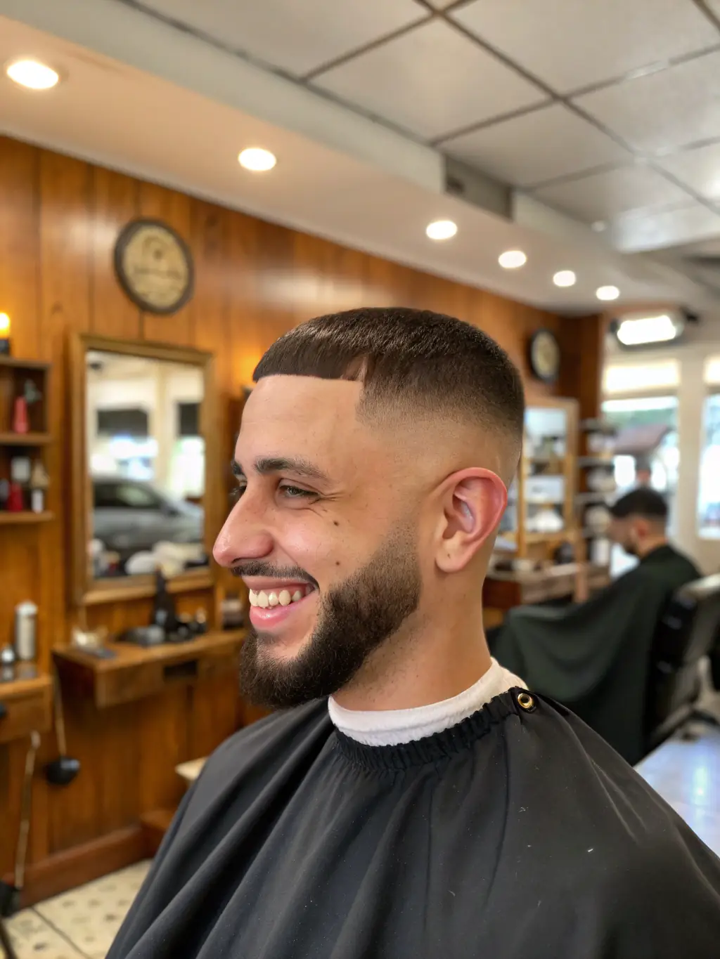 A barber smiling while expertly fading a client's hair in a modern barbershop setting, showcasing precision and customer satisfaction.