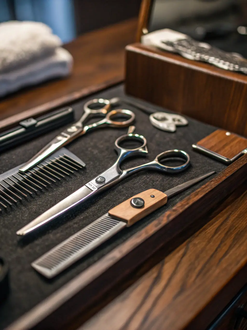A clean and well-equipped barbershop station, emphasizing a comfortable and professional workspace.